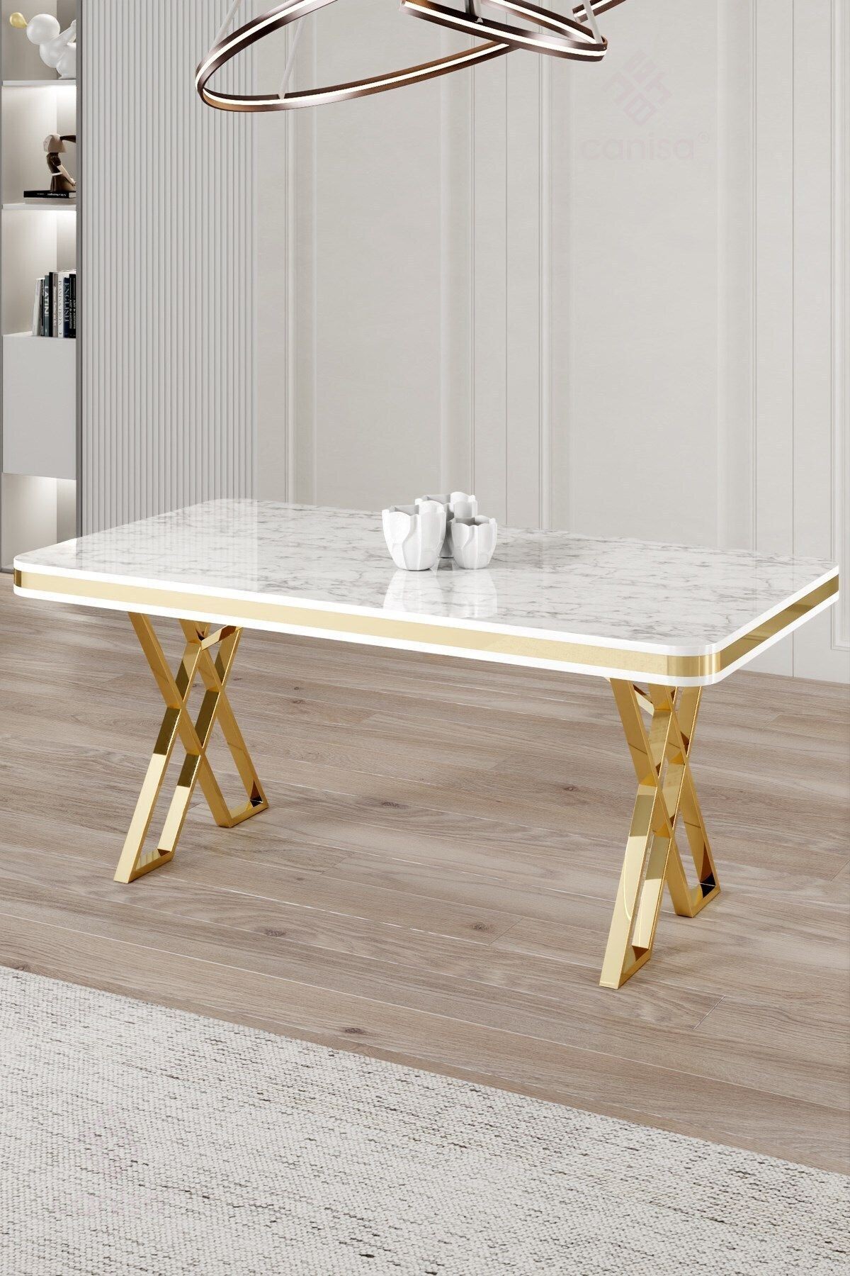 Rigel Serisi 80x130 Lak Panel Beyaz Mermer Desen Masa ve 4 Sandalye Gold Kaplama Ayak