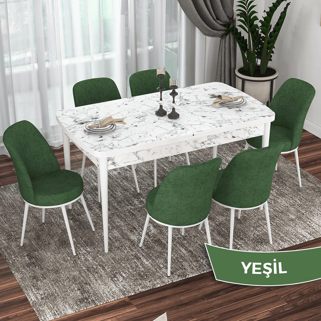 masa beyaz mermer desen sandalye haki yeşil