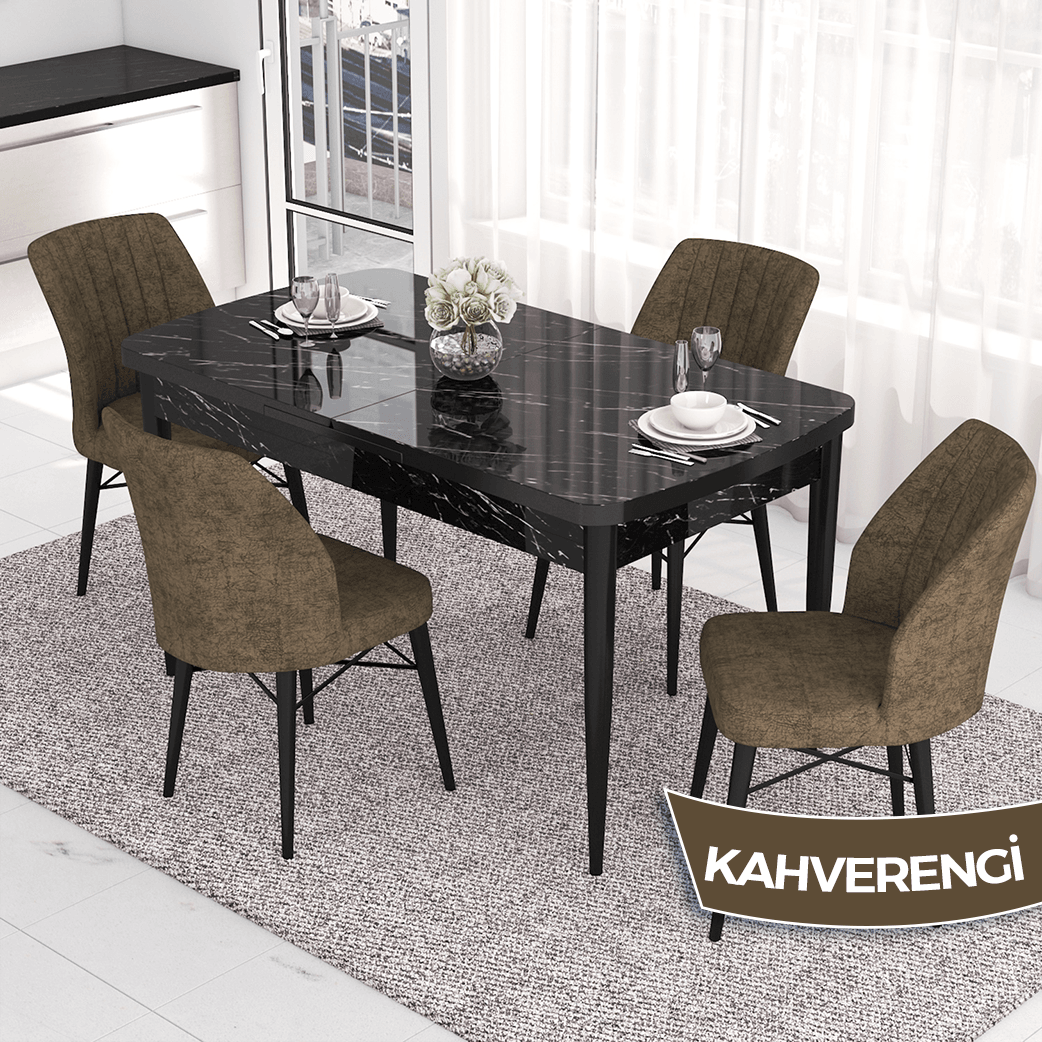 Kahve Sandalye Siyah Mermer Desen Masa