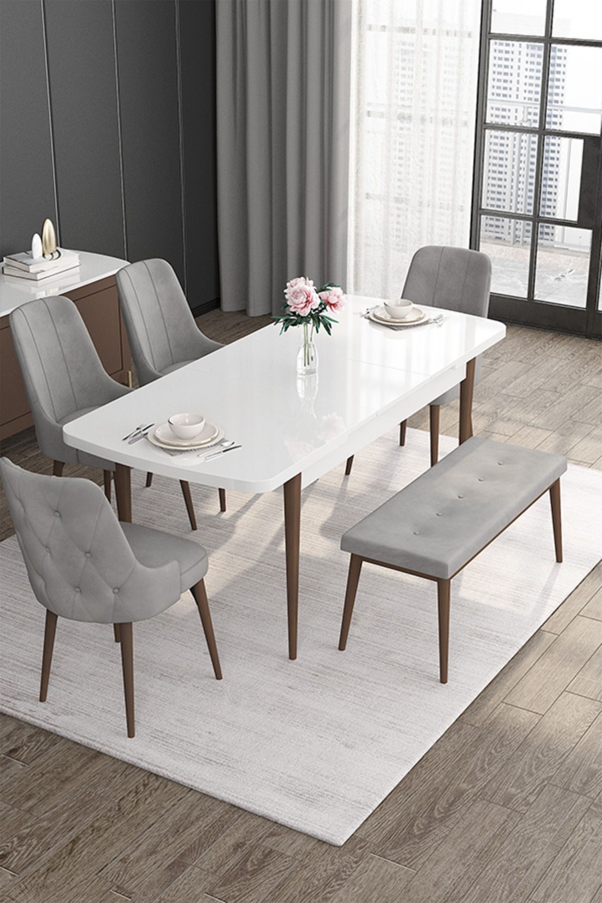 Roy Serisi 80x132 Mdf Açılabilir Beyaz Masa Ceviz Ayak Masa Takımı 4 Sandalye Ve 1 Bench
