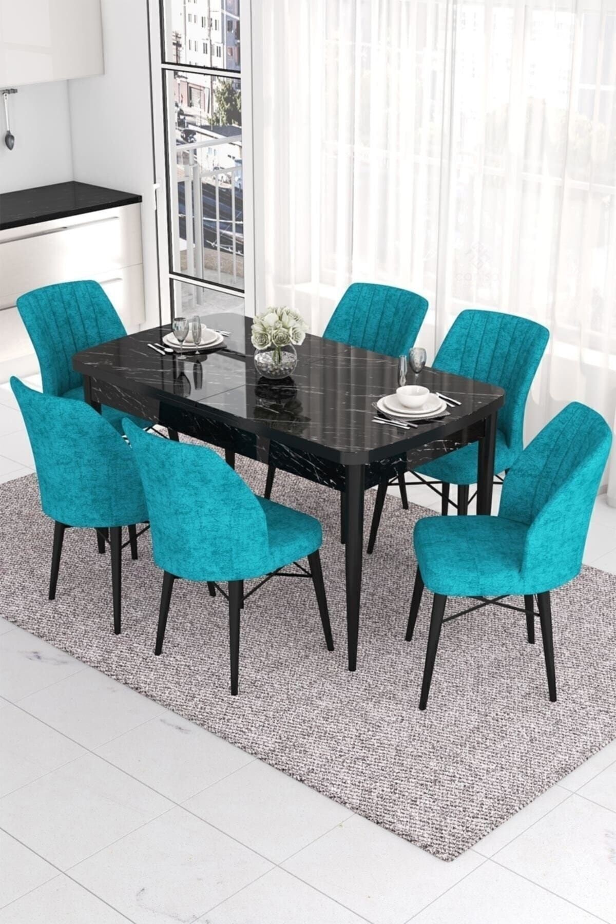 Eva Serisi 80x132 Açılabilir Mdf Siyah Mermer Desen Masa Takımı Ve 6 Sandalye