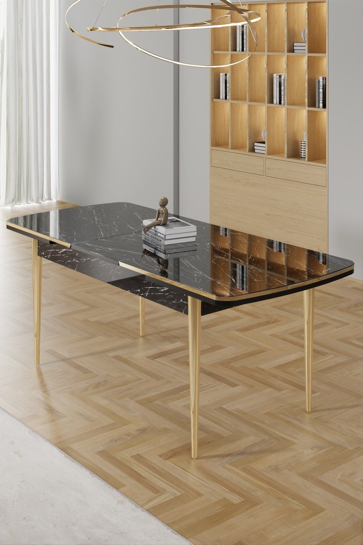 Rada Serisi 80x132 Açılabilir Lak Panel Masa Gold Kaplama Ayak