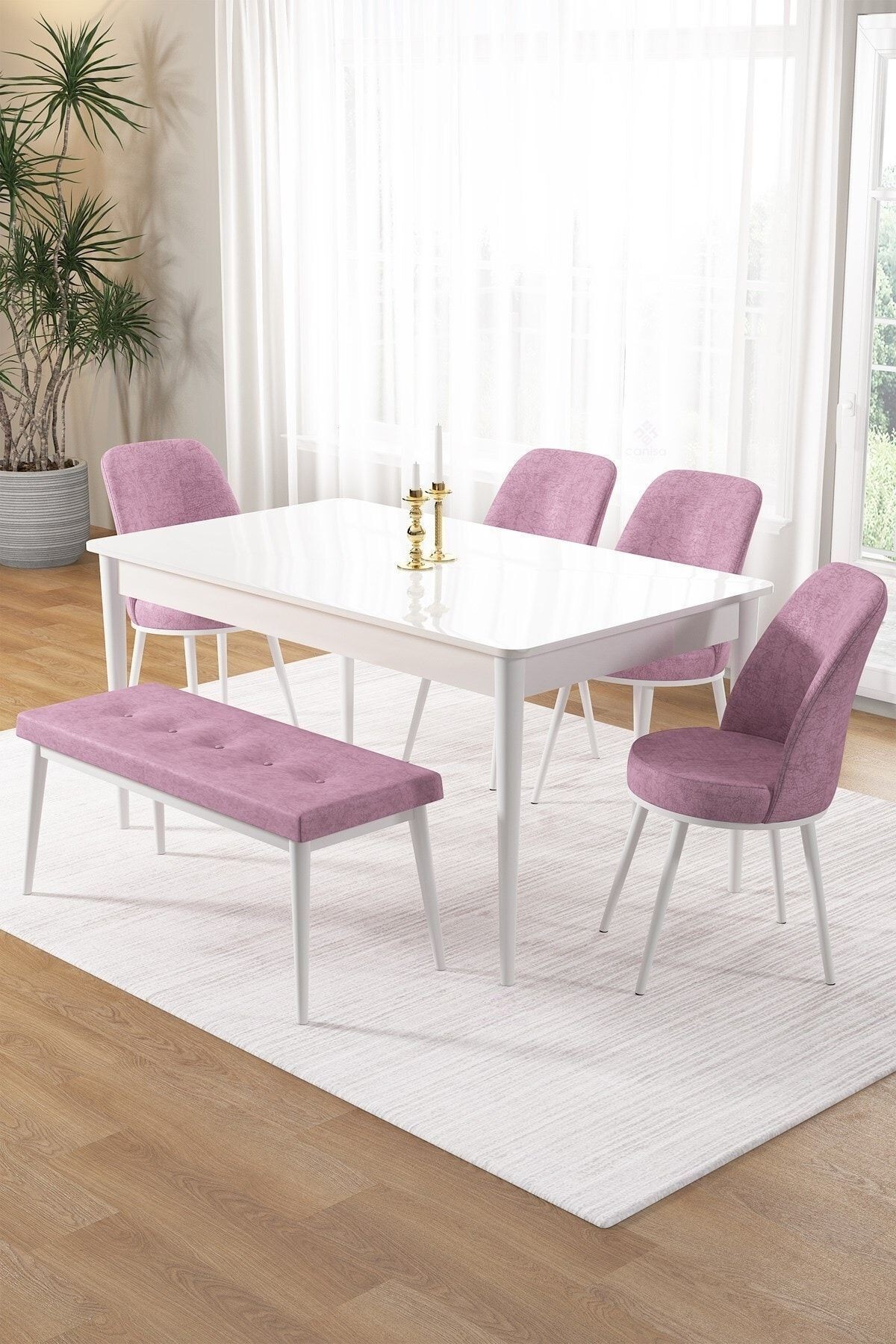 Pir Serisi 80x130 Sabit Beyaz Masa Takımı 4 Sandalye Ve 1 Bench
