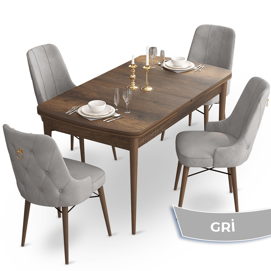 Taç Serisi 80x132 Açılabilir Gold Halka Barok Ahşap Desen Masa Takımı ve 4 Sandalye