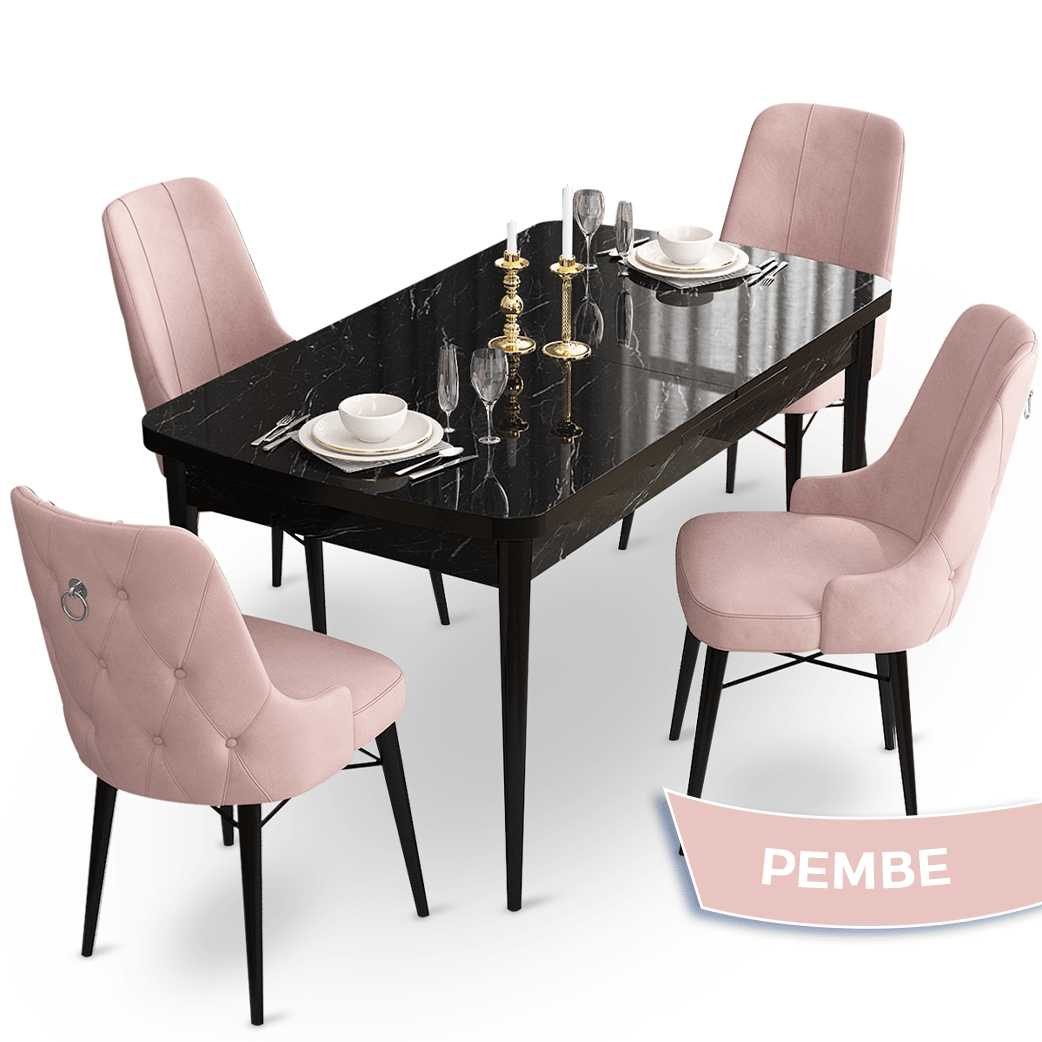 Taç Serisi 80x132 Açılabilir Gümüş Halka Siyah Mermer Desen Masa Takımı ve 4 Sandalye