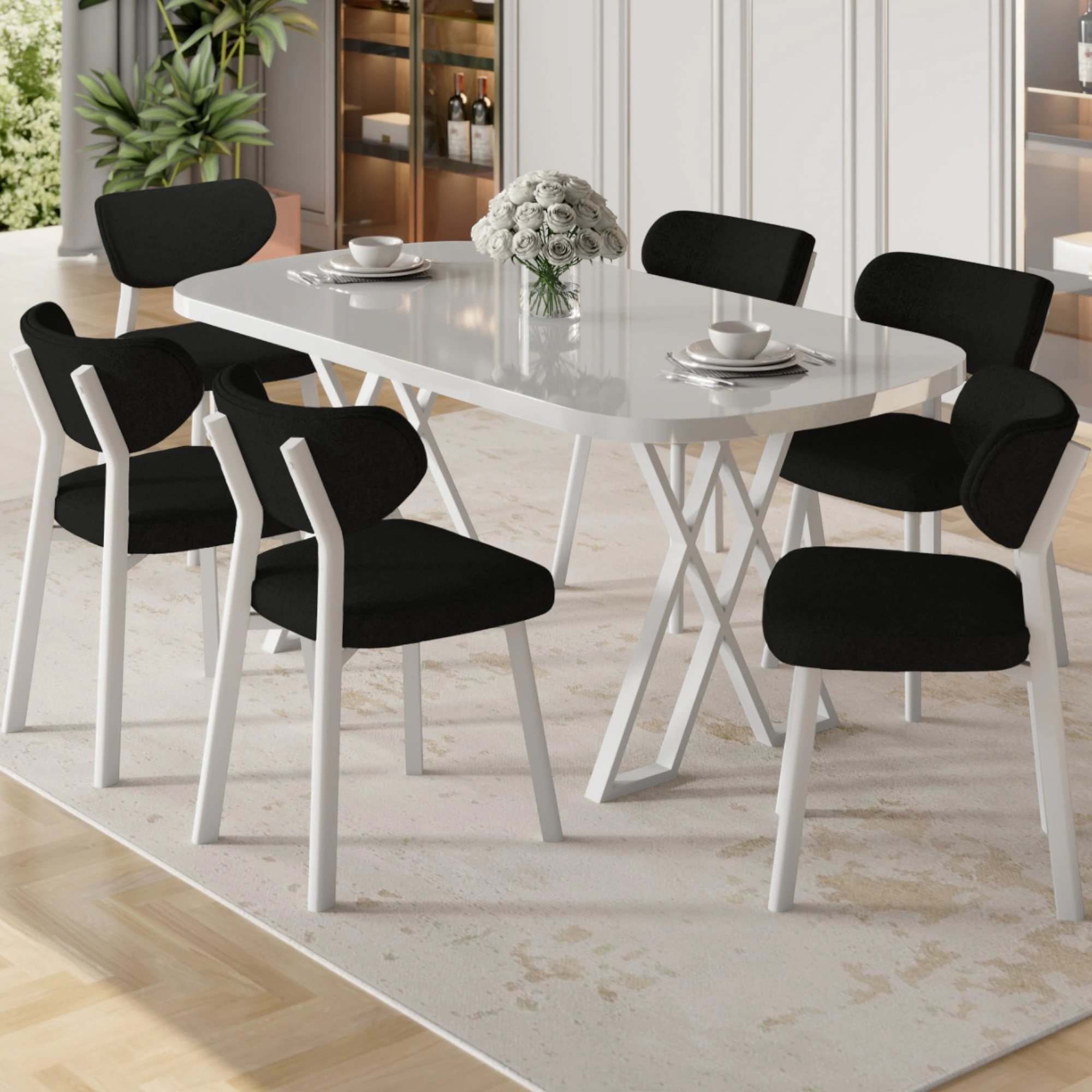 Axton Serisi Sabit Mdf 90x168 Beyaz Mutfak Masa Takımı 6 Gri Sandalye