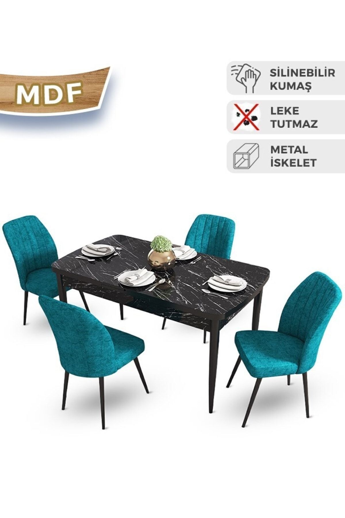 masa siyah mermer desen sandalye turkuaz
