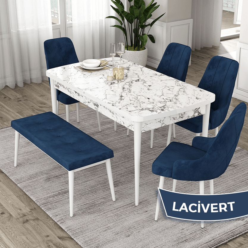 masa beyaz sandalyeler ve bench lacivert