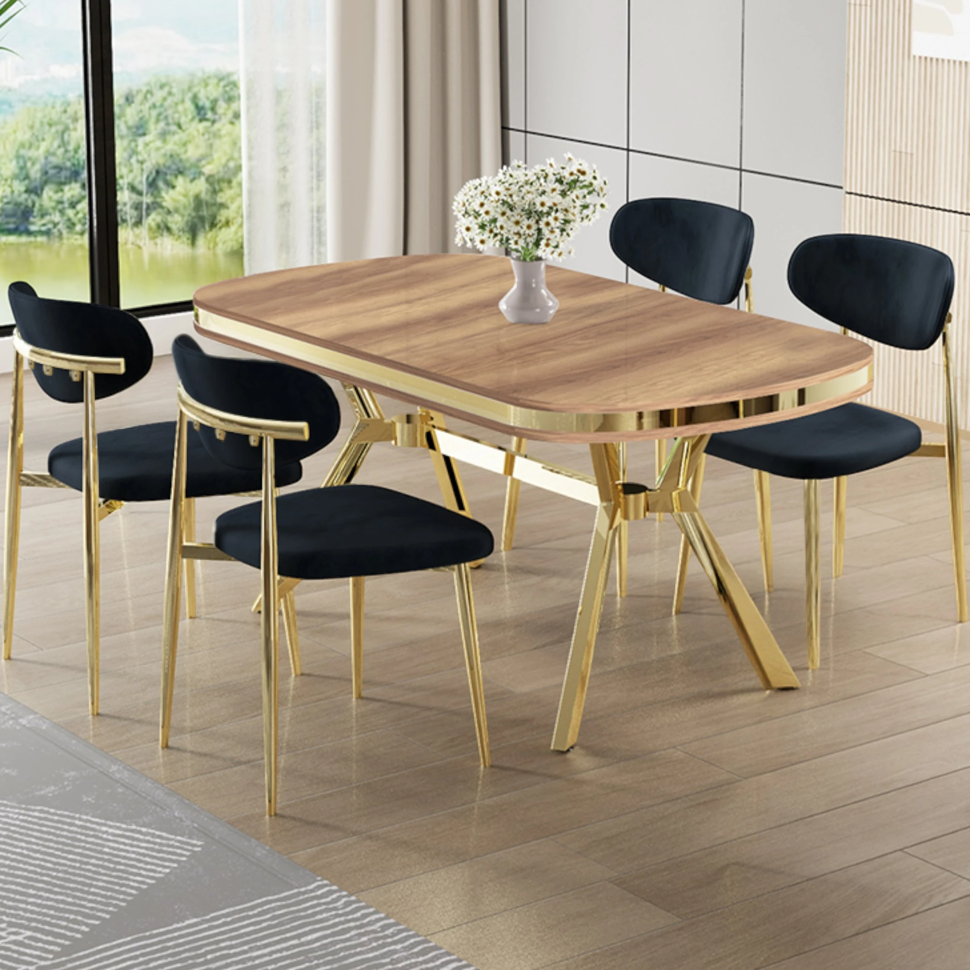 Olya Serisi 90x168 Lak Panel Hazar Masa Takımı Gold Ayaklı 4 Sandalye