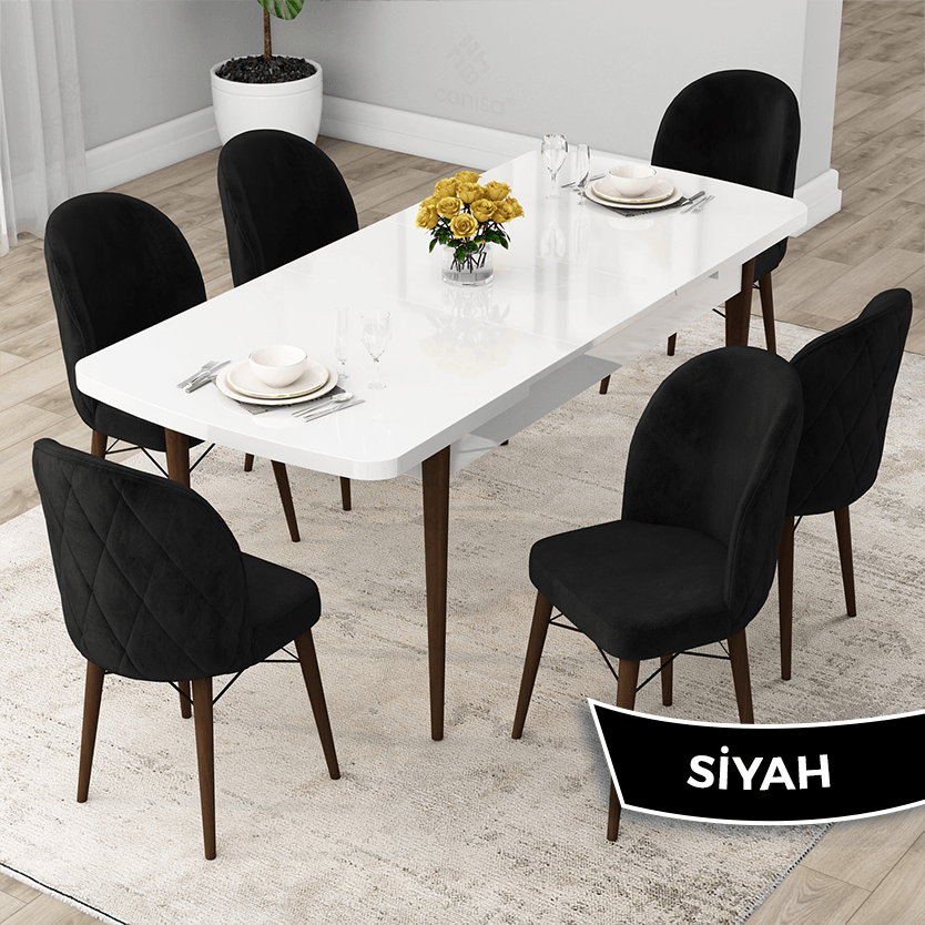 Rut Serisi 80x132 Açılabilir Beyaz Masa Ceviz Ayak Masa Takımı Ve 6 Sandalye