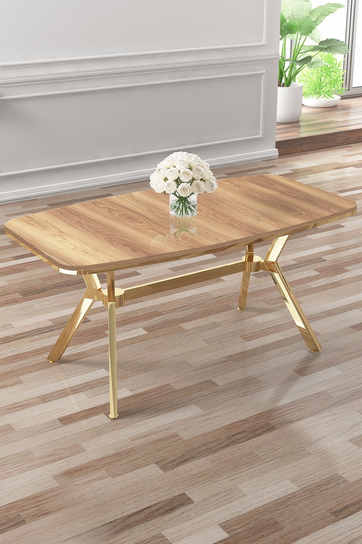 Esla Serisi 90x160 Lak Panel Sabit Masa Gold Kaplama Ayak
