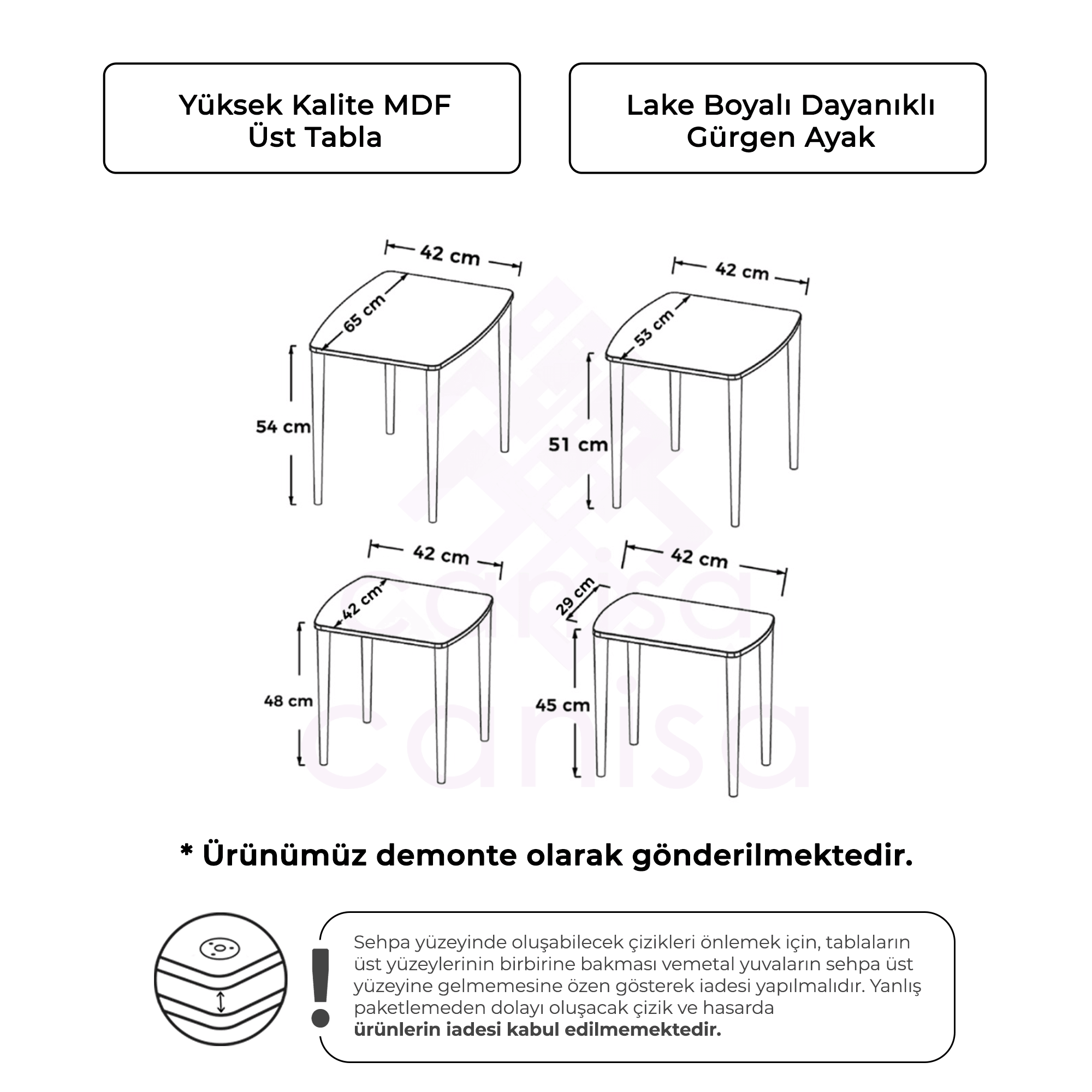Argent Serisi Beyaz Renk MDF 4'lü Zigon Sehpa Takımı