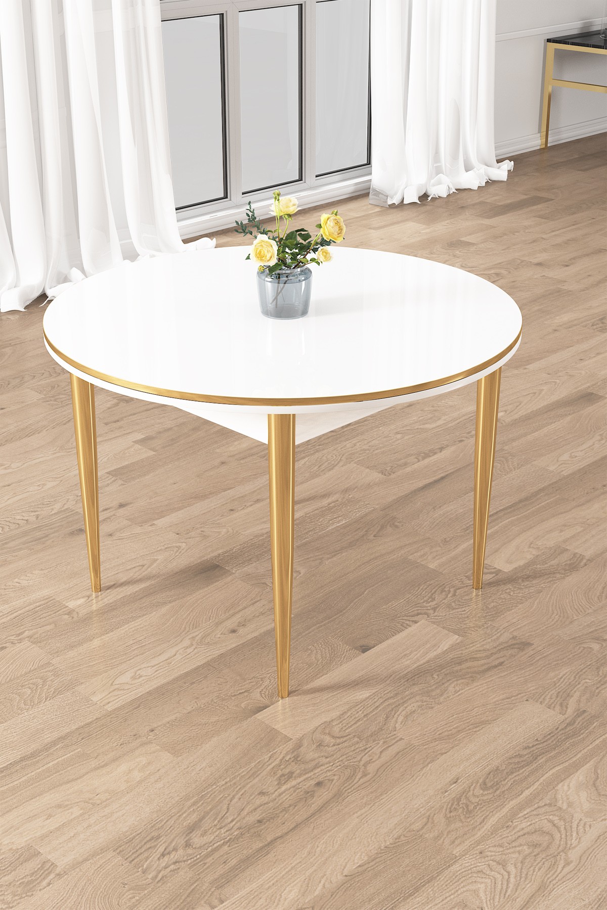 Osle Serisi 90x90 Sabit Yuvarlak Gold Ayak Beyaz Masa Takımı Ve 4 Sandalye