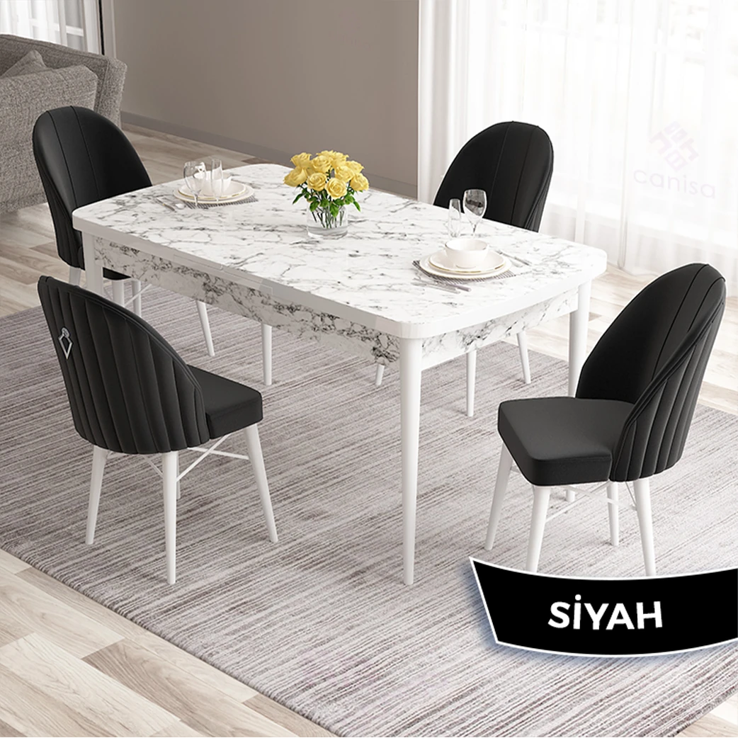 Masa Beyaz Mermer Desen Sandalye kremm