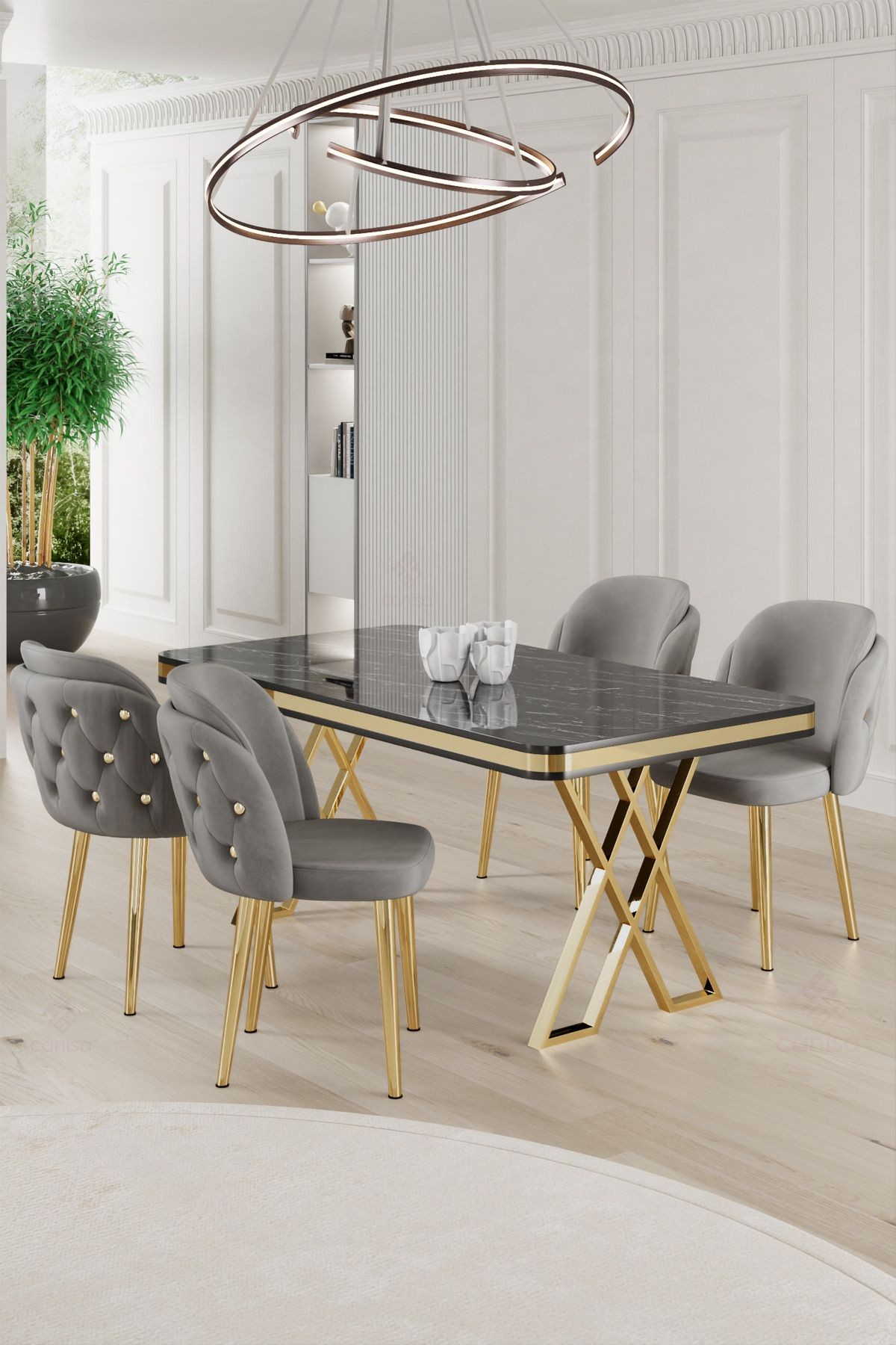 Rigel Serisi 80x130 Lak Panel Sonata Masa ve 4 Sandalye Gold Kaplama Ayak