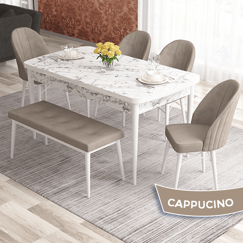 Elf Serisi 80x132 Açılabilir Beyaz Mermer Desen Masa Takımı 4 Sandalye ve 1 Bench
