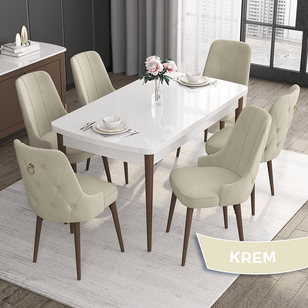 Noa Serisi 80x132 Mdf Açılabilir Gold Halka Beyaz Masa Ceviz Ayak Masa Takımı Ve 6 Sandalye