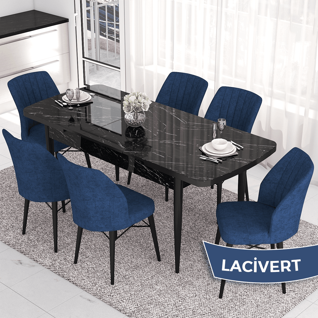 masa siyah mermer desen sandalyeler lacivert
