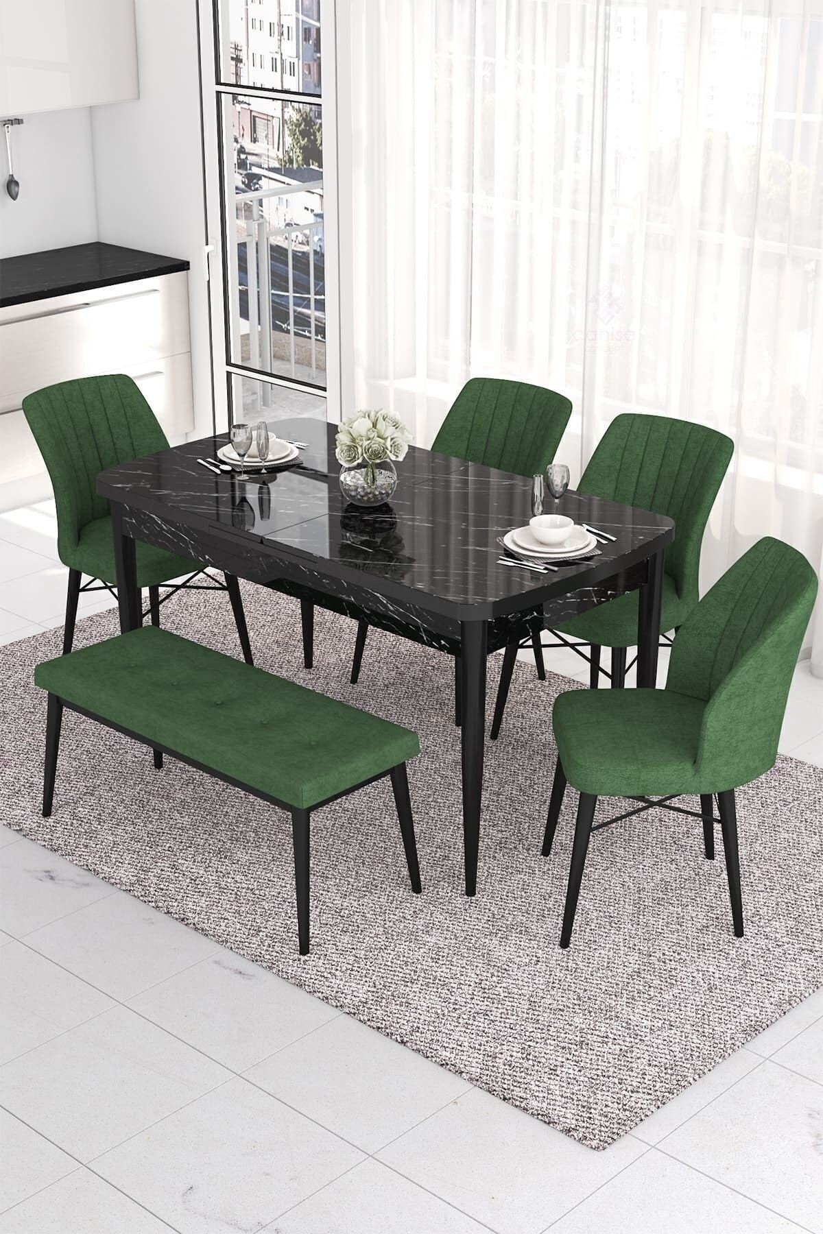 masa siyah mermer sandalye ve bench haki