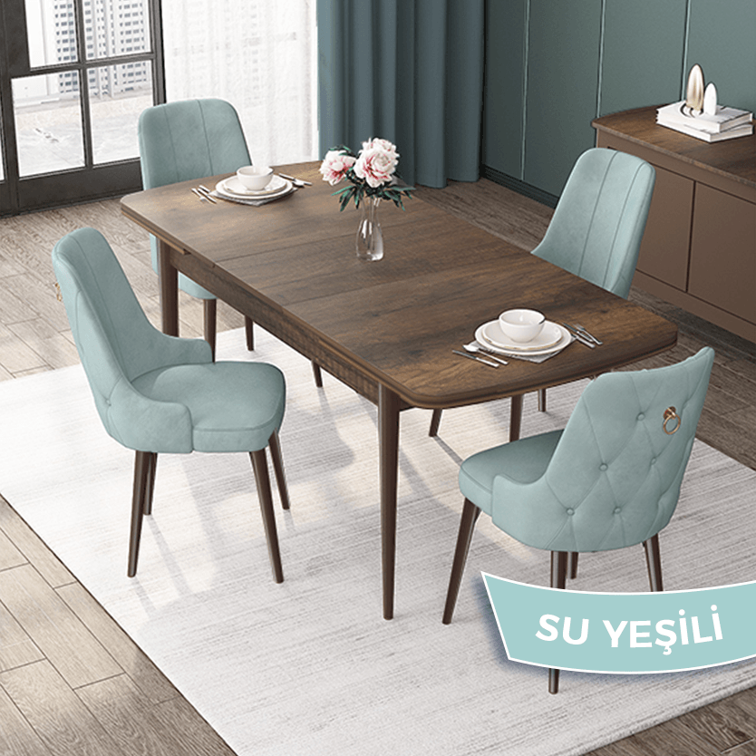 Nex Serisi 80x132 Mdf Açılabilir Gold Halka Barok Ahşap Desen Masa Takımı Ve 4 Sandalye