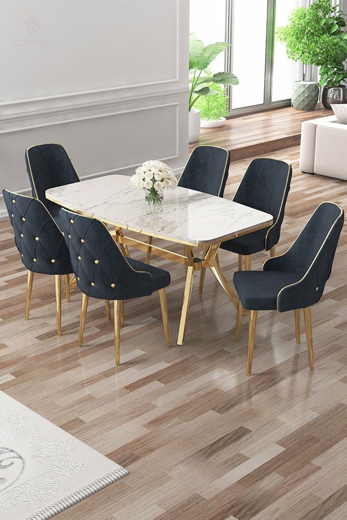 Asel Serisi 90x160 Lak Panel Beyaz Mermer Desen Masa ve 6 Sandalye Gold Kaplama Ayak