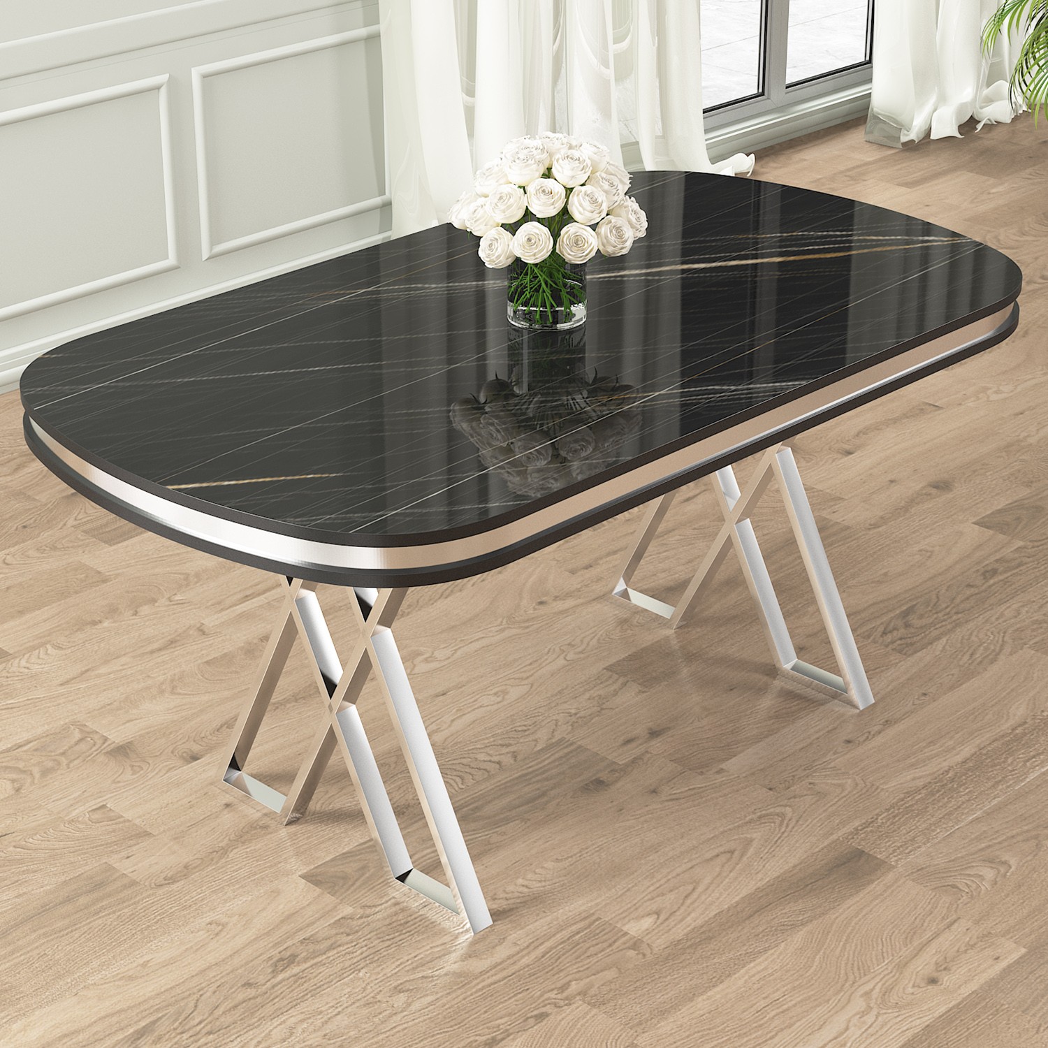 Zae Serisi 90x168 Lak Panel Siyah Mermer Desen Krom Ayak Masa Takımı 4 Sandalye