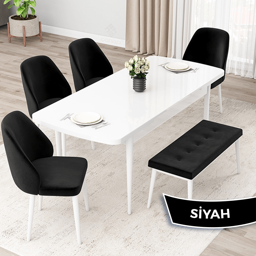 Orf Serisi 80x132 Açılabilir Beyaz Masa Takımı 4 Sandalye Ve 1 Bench