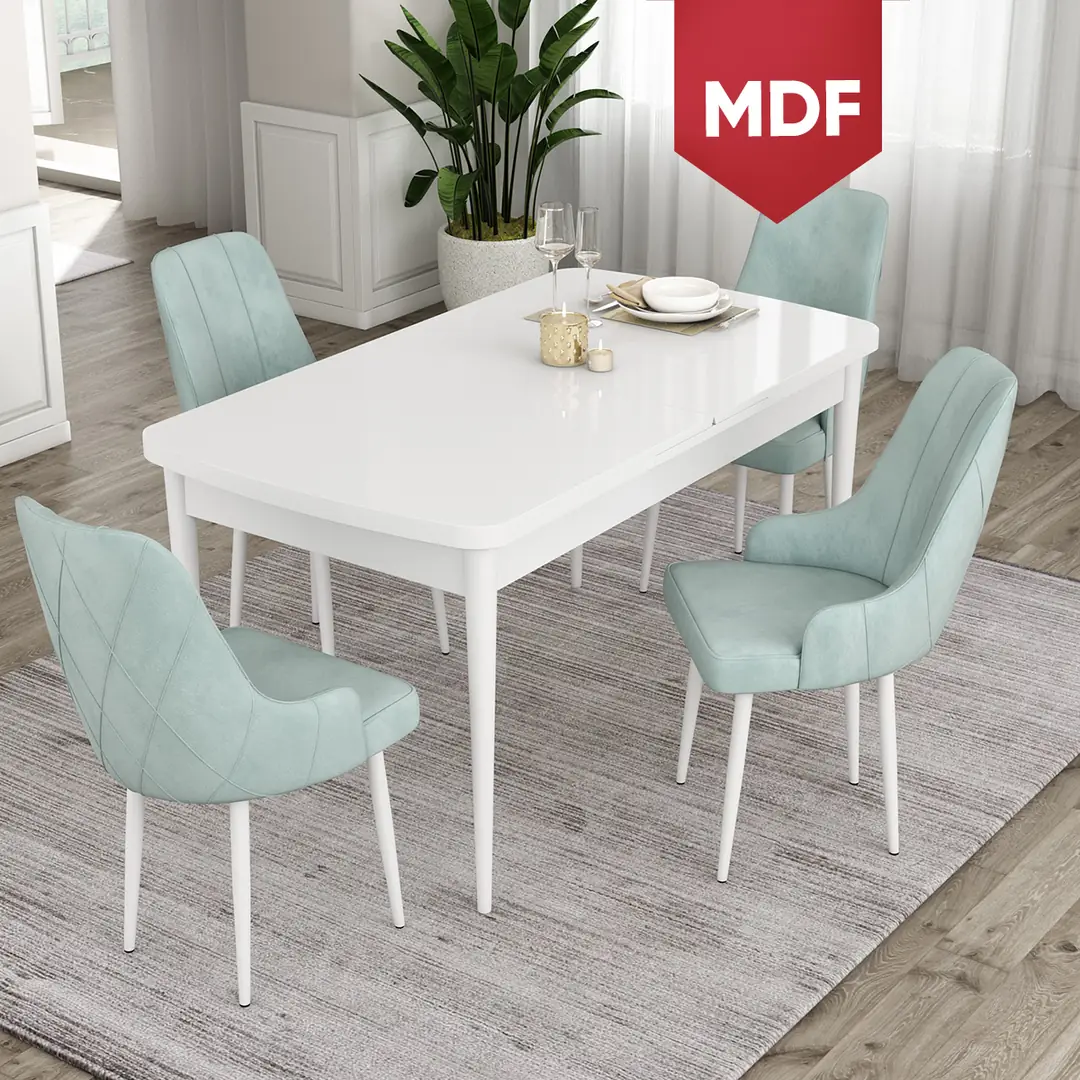 Ram Serisi MDF 80x132 Açılabilir Beyaz Masa Takımı ve 4 Sandalye