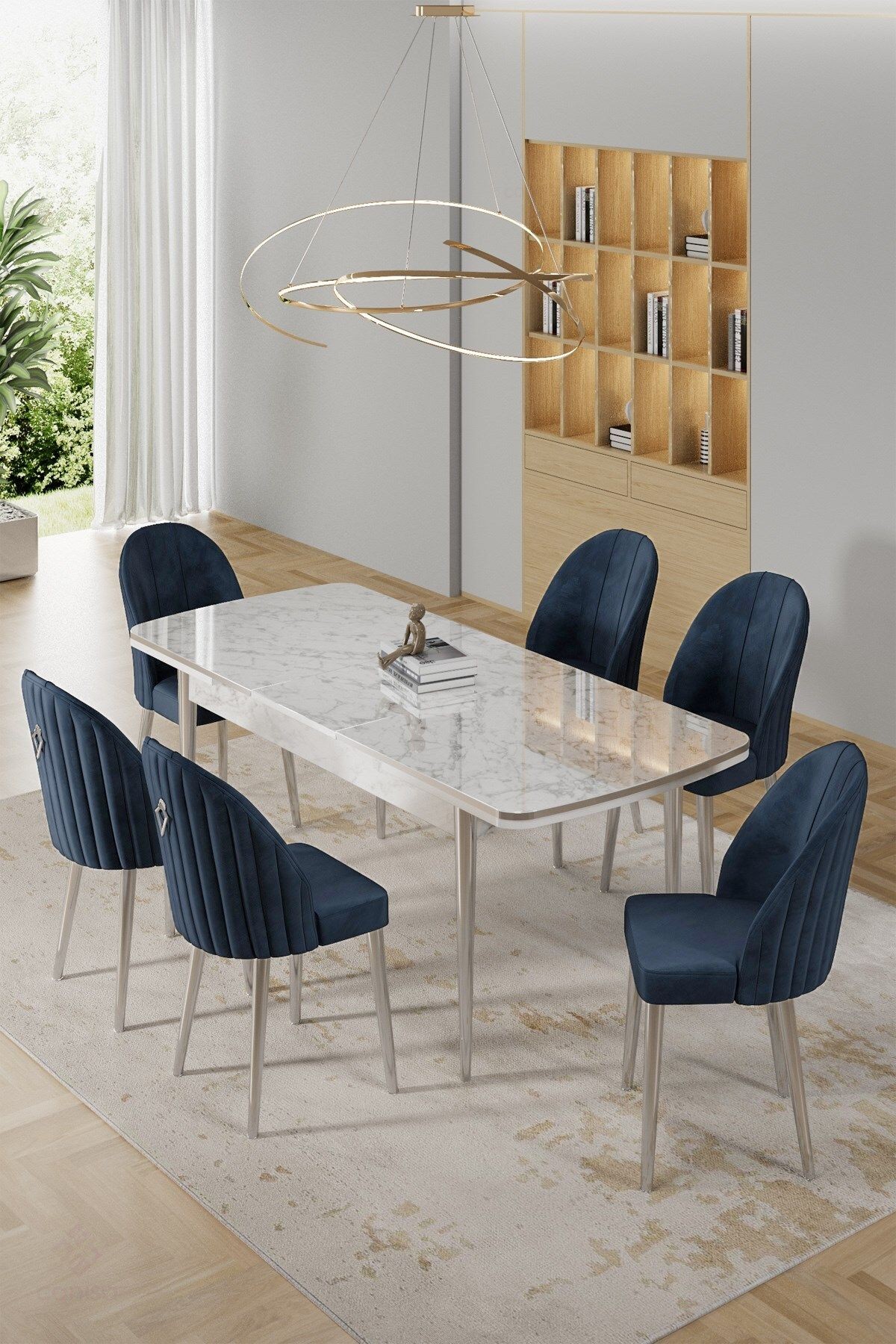Rada Serisi 80x132 Açılabilir Lak Panel Beyaz Mermer Desen Masa ve 6 Sandalye Krom Kaplama Ayak