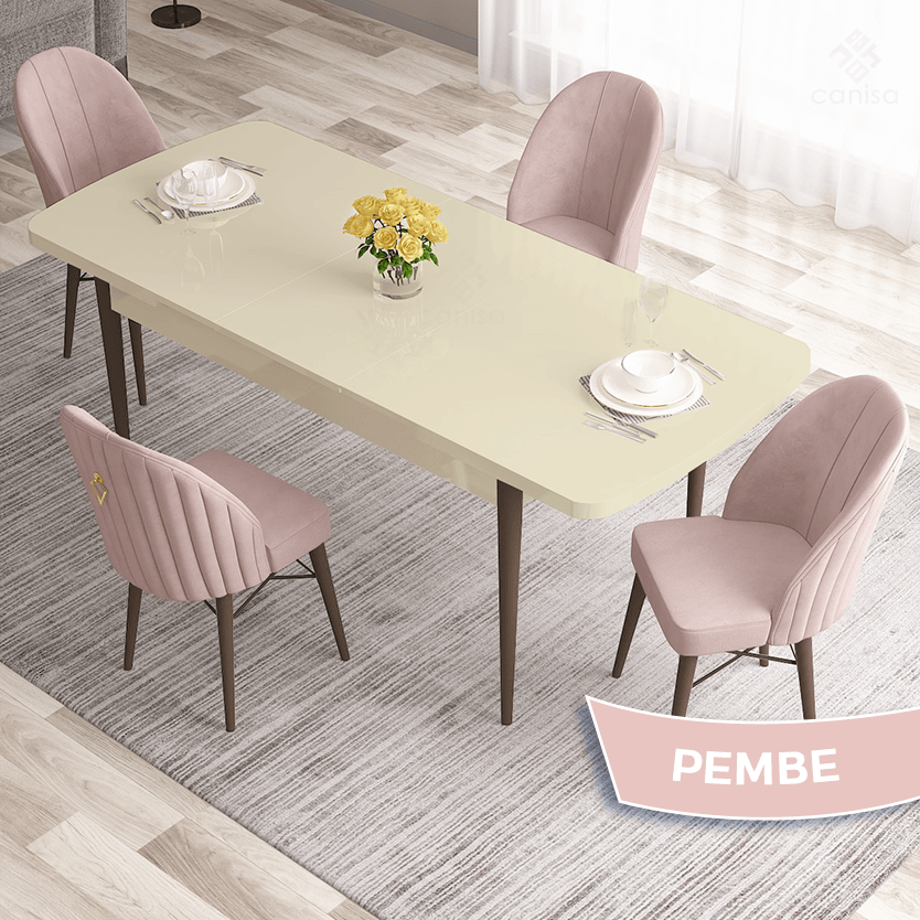 masa krem ayaklar ceviz sandalye pembe