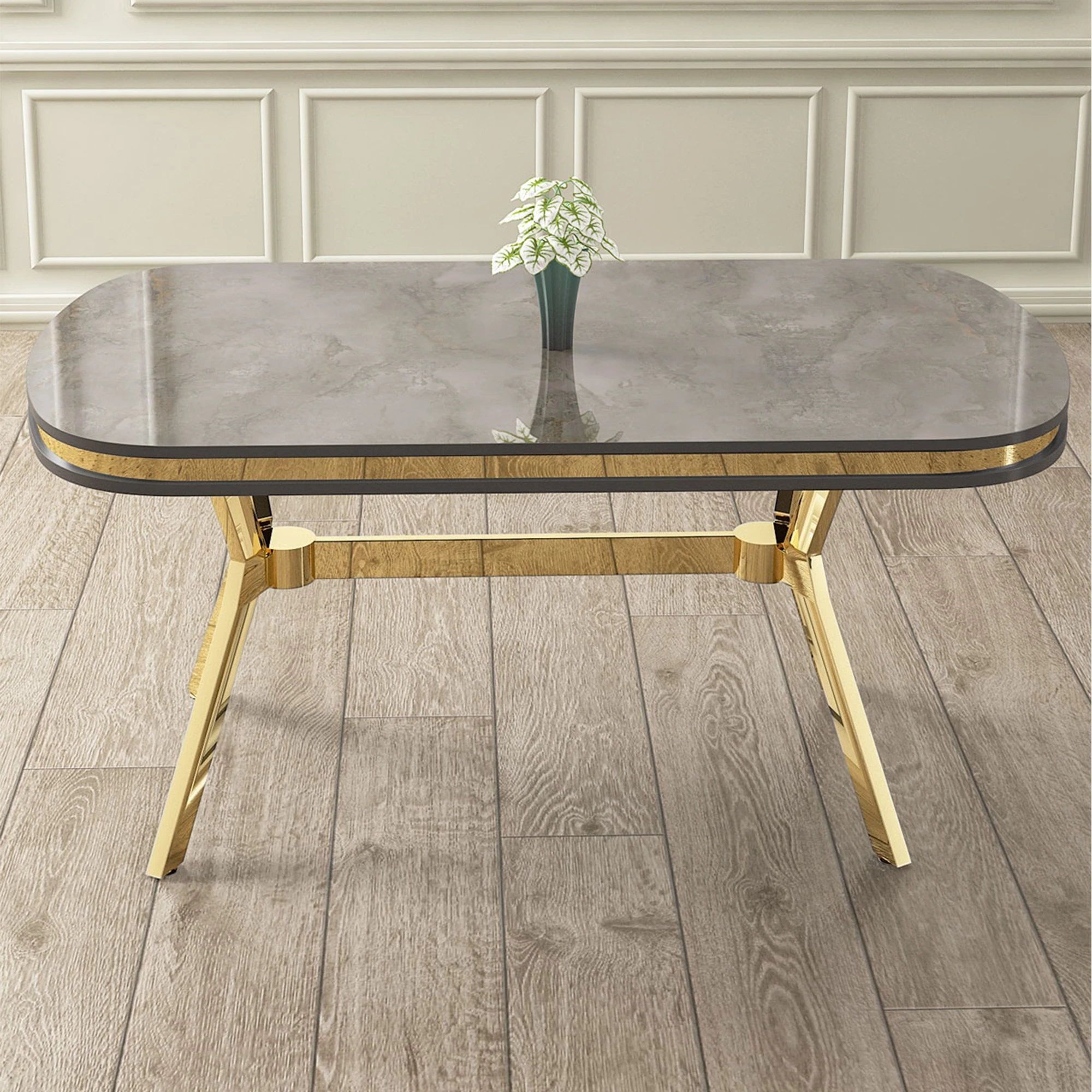 Olya Serisi 90x168 MDF Sabit Lak Panel Antrasit İroni Masa Takımı Gold Ayaklı 4 Sandalye