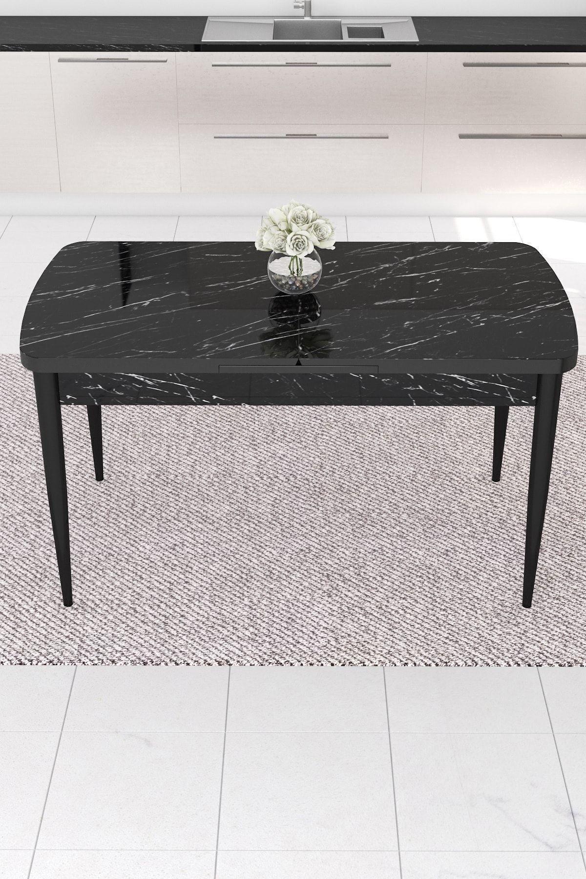 Eva Serisi 80x132 Açılabilir Mdf Siyah Mermer Desen Masa Takımı Ve 4 Sandalye