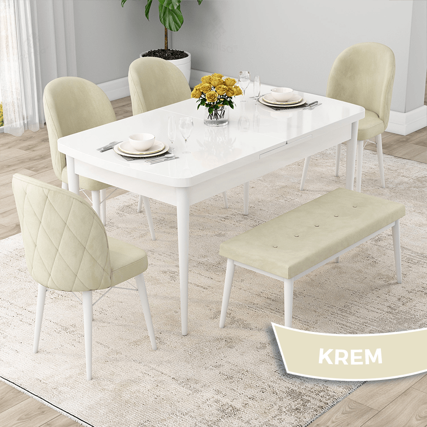 Rut Serisi 80x132 Açılabilir Beyaz Masa Takımı 4 Sandalye Ve 1 Bench