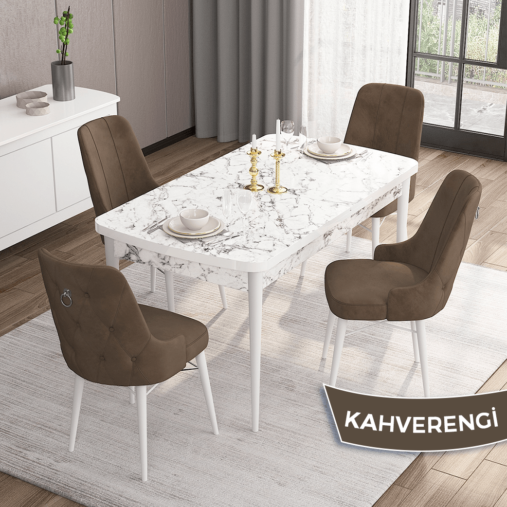 Are Serisi 80x132 Mdf Açılabilir Gümüş Halka Beyaz Mermer Desen Masa Takımı Ve 4 Sandalye