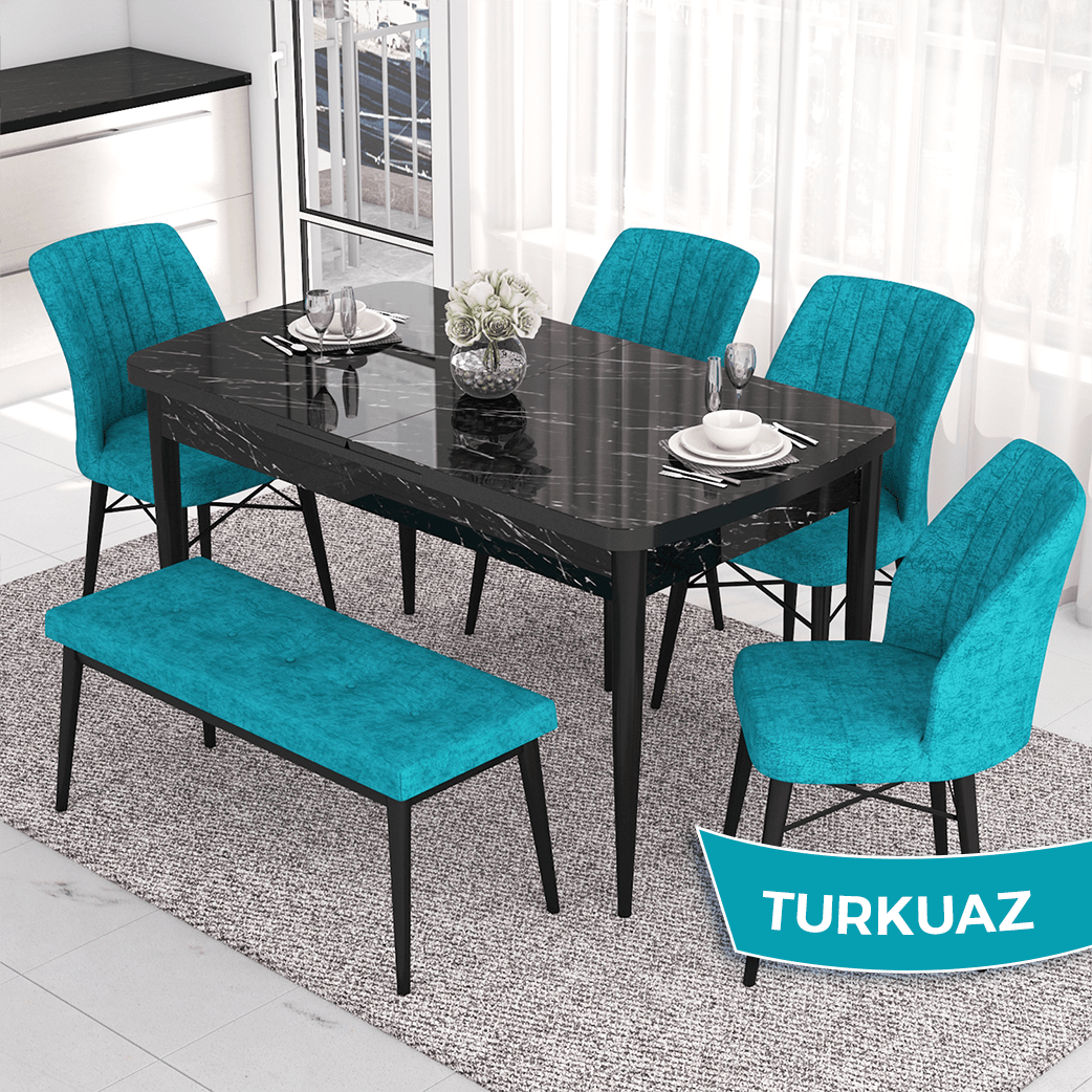 masa siyah mermer desen sandalyeler ve bench turkuaz