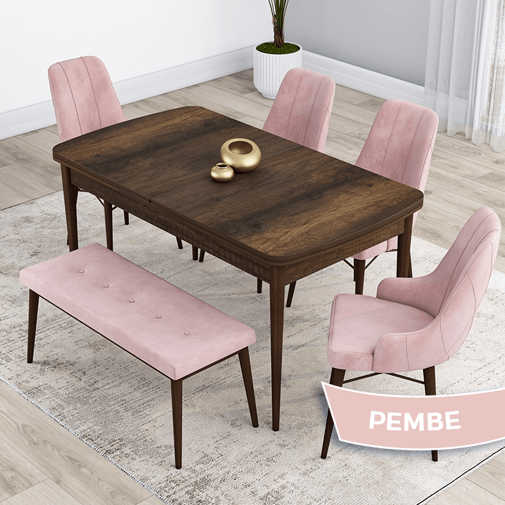 Kar Serisi 80X132 Mdf Açılabilir Barok Ahşap Desen Masa Takımı 4 Sandalye Ve 1 Bench
