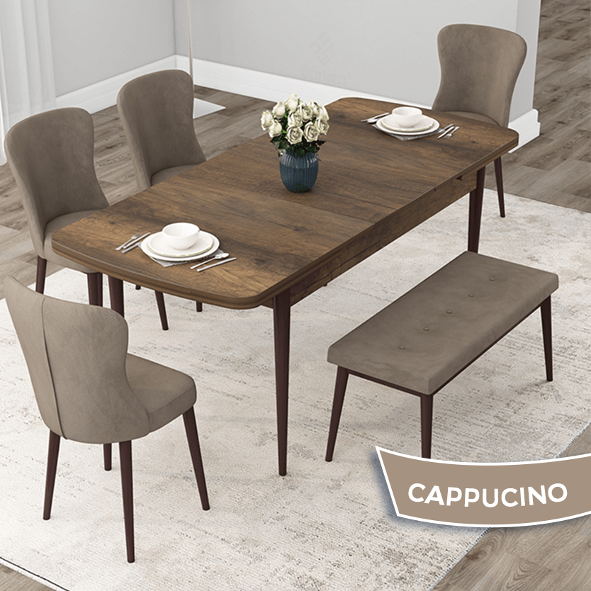 Due Serisi 80x132 Açılabilir Barok Ahşap Desen Masa Takımı 4 Sandalye Ve 1 Bench
