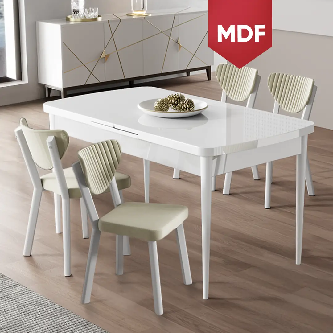 Exve Serisi 80x132 Açılabilir Beyaz Masa Takımı ve 4 Sandalye