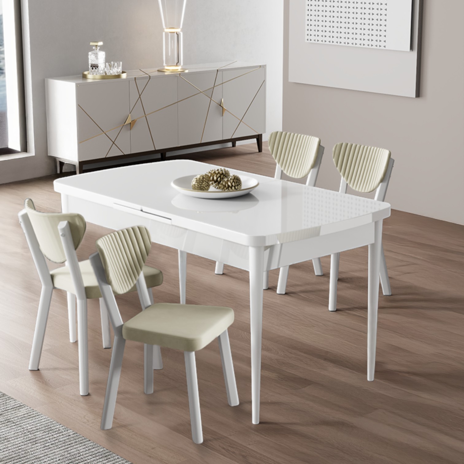  Exve Serisi 80x132 Açılabilir Beyaz Masa Takımı ve 4 Sandalye