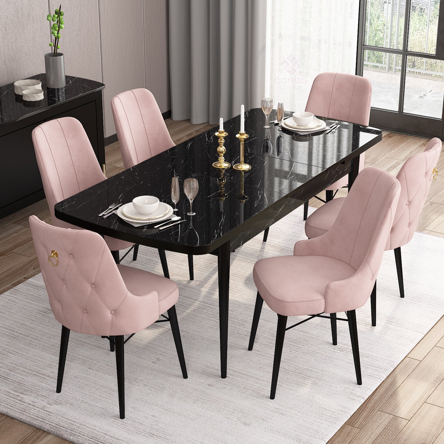 Pembe Sandalye Siyah Mermer Desen Masa