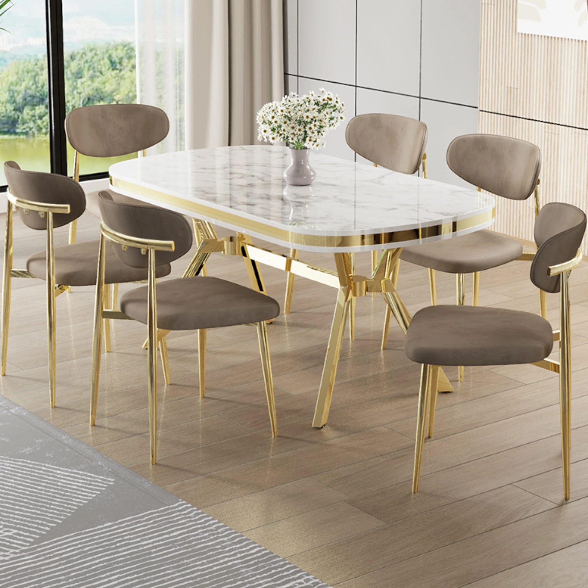 Beyaz Mermer Desen Masa Cappucino Sandalye Ayaklar Gold