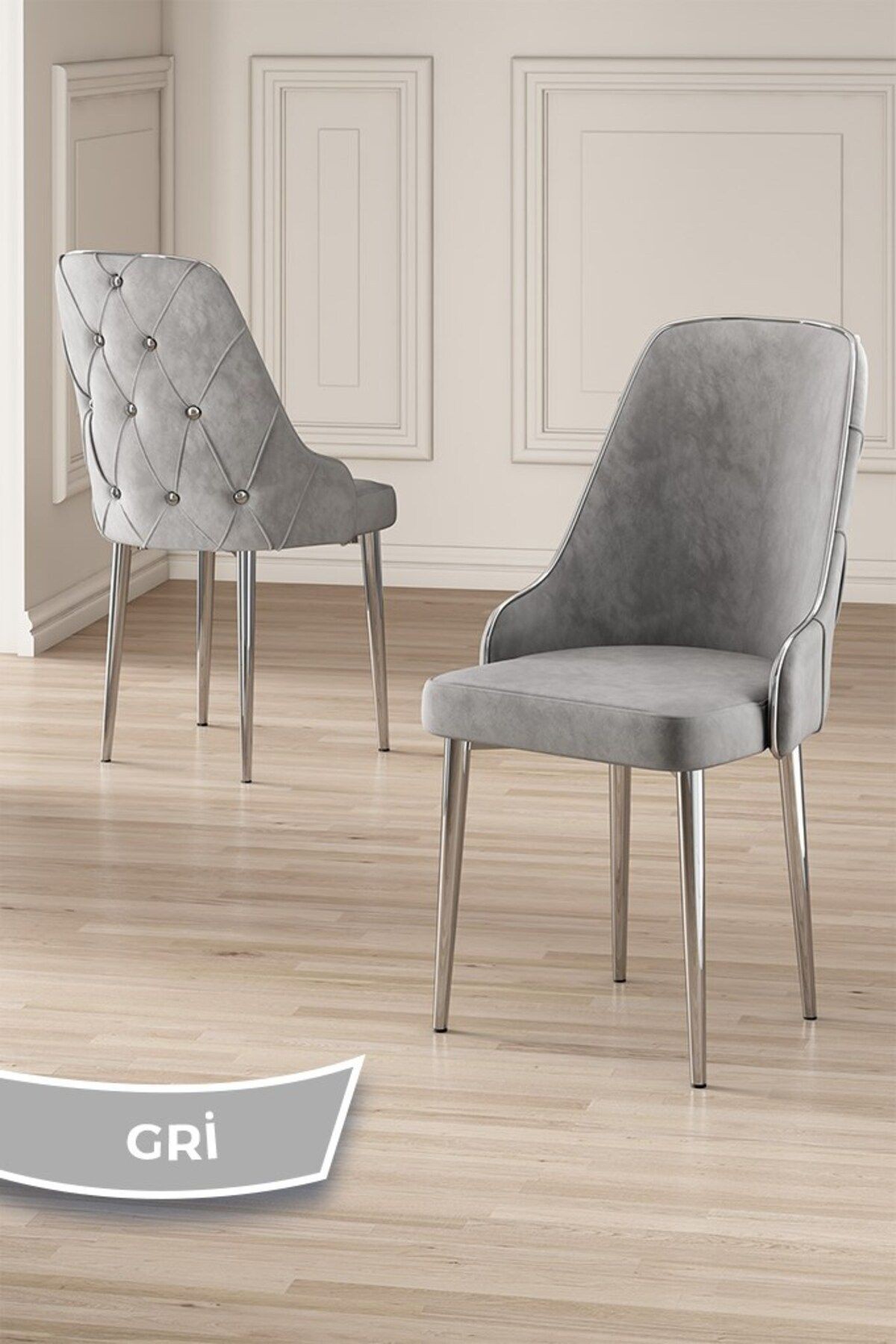 Vae Serisi 90x160 Lak Panel Beyaz Mermer Desen Krom Ayak Masa Takımı 6 Gri Sandalye