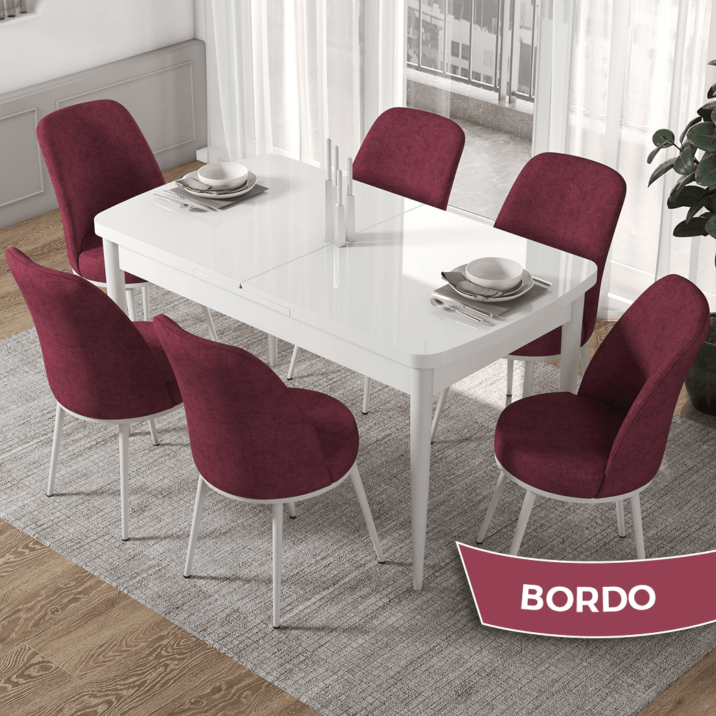 beyaz masa sandalyeler bordo