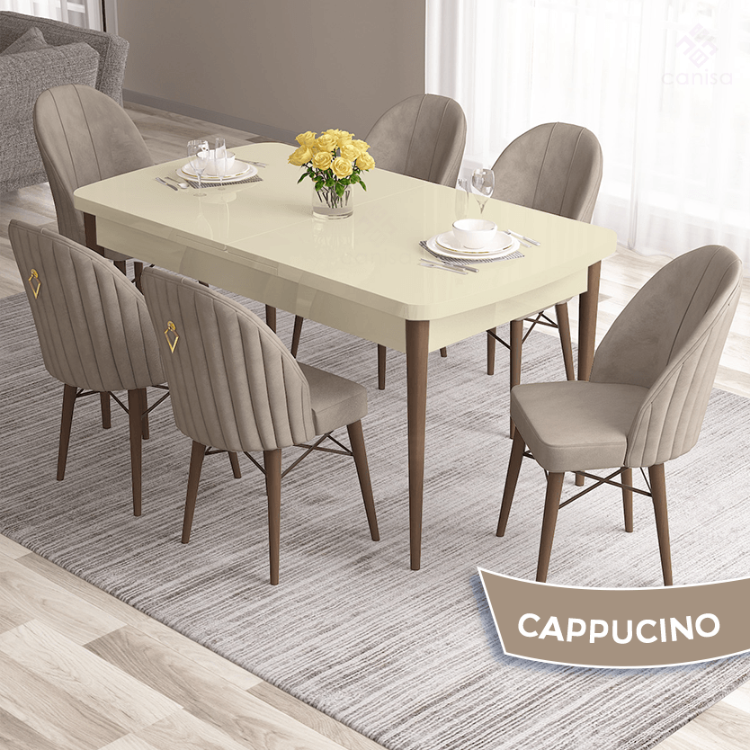 Roz Serisi 80x132 Mdf Açılabilir Gold Halka Krem Masa Ceviz Ayak Masa Takımı Ve 6 Sandalye
