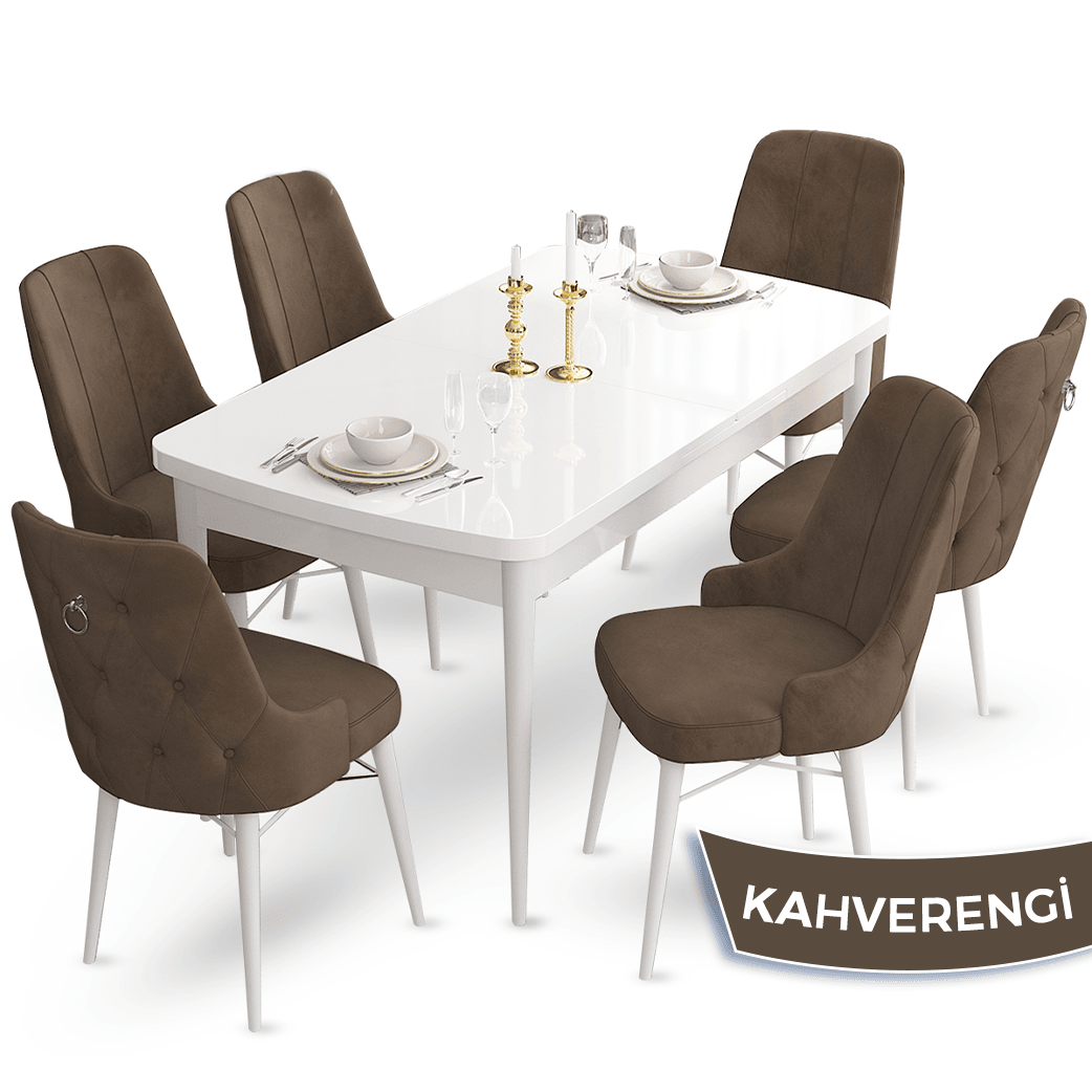 Taç Serisi 80x132 Açılabilir Gümüş Halka Beyaz Masa Takımı ve 6 Sandalye