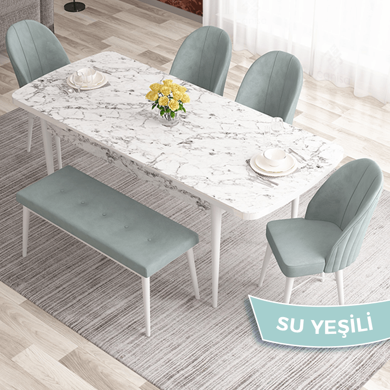 masa beyaz mermer desen sandalye su yeşil