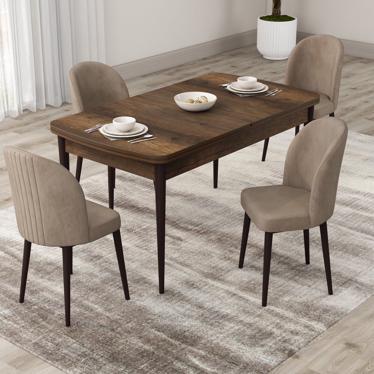 Roe Serisi 80x132 Açılabilir Barok Ahşap Desen Masa Takımı Ve 4 Sandalye