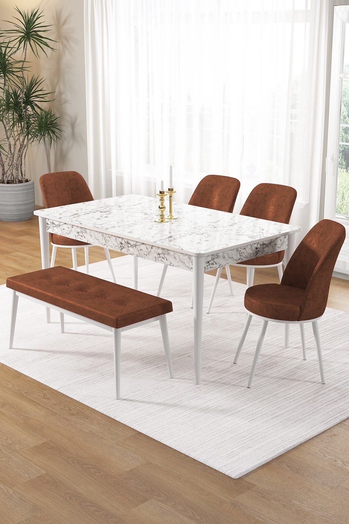 Pir Serisi 80x130 Sabit Beyaz Mermer Desen Masa Takımı 4 Sandalye Ve 1 Bench