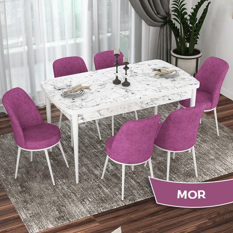 masa beyaz mermer desen sandalye mor