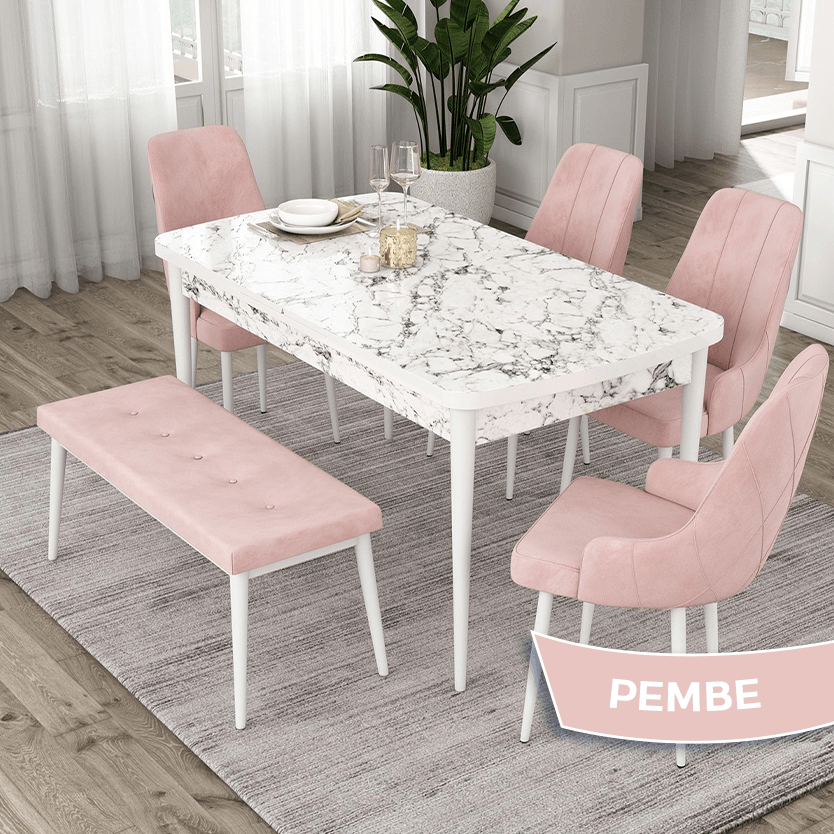 masa beyaz mermer desen sandalye pembee